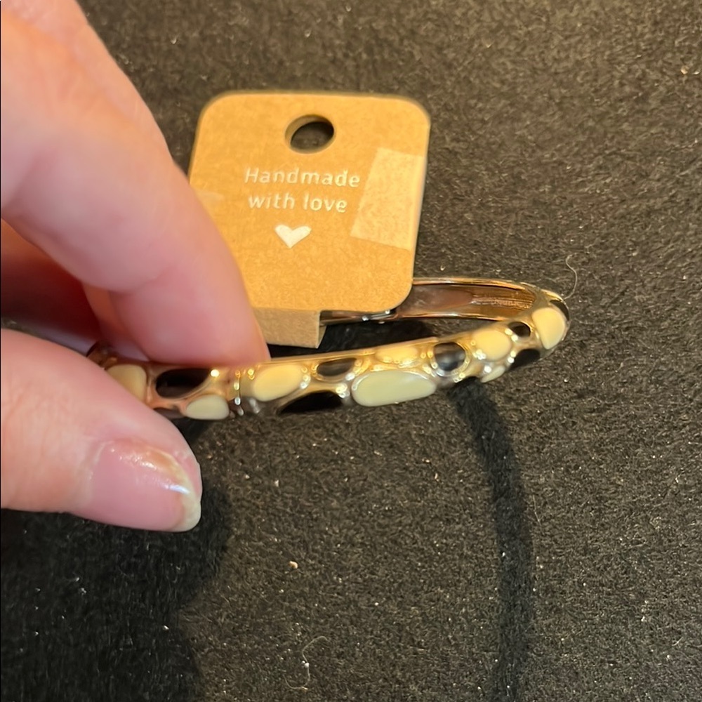 JTF Gold Tone and Cream Hinged Bangle Bracelet